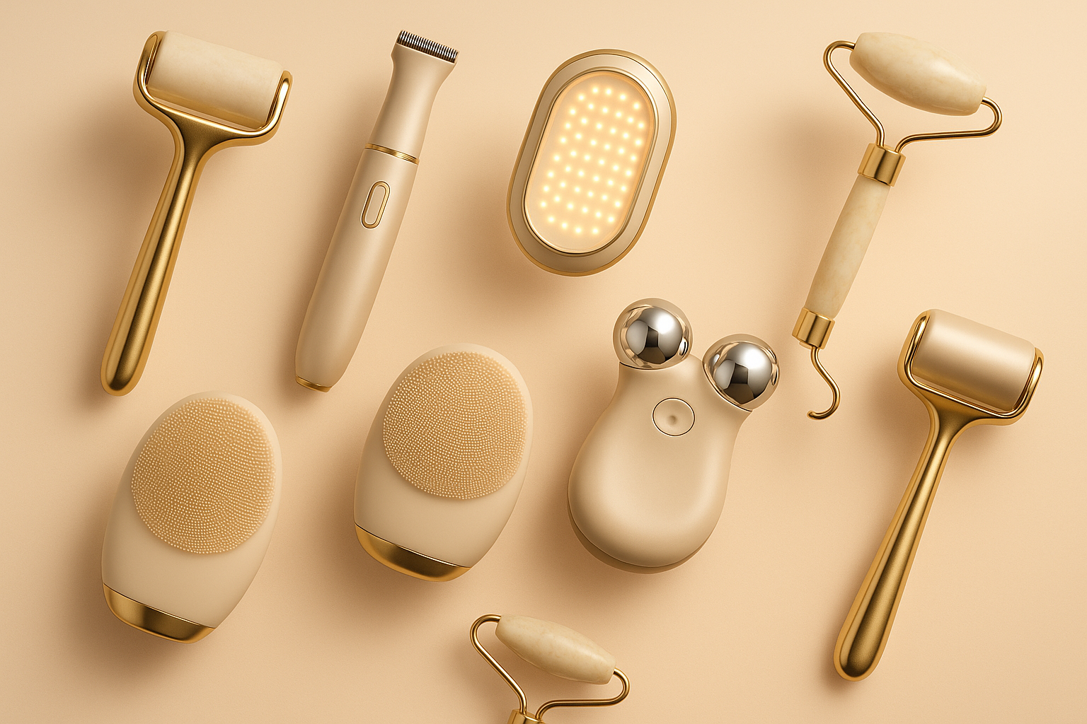 generate me a wallpaper of smart beauty gadgets like ice rollers, women hair trimmers, led light machines for removing wrinkles and other stuff
use the colors gold, beige and papayawhip