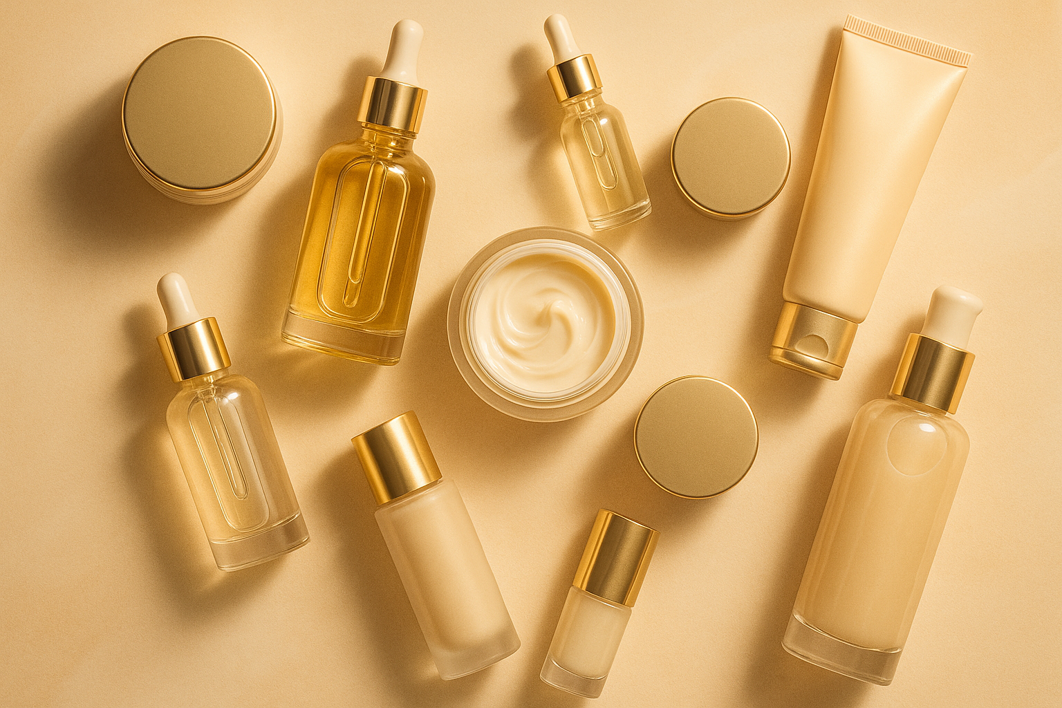 generate me a wallpaper of beauty products like oils, creams, and other stuff
use the colors gold, beige and light papayawhip